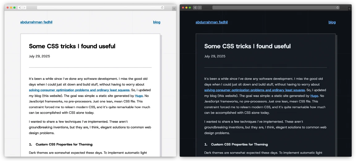 Blog post page light vs dark